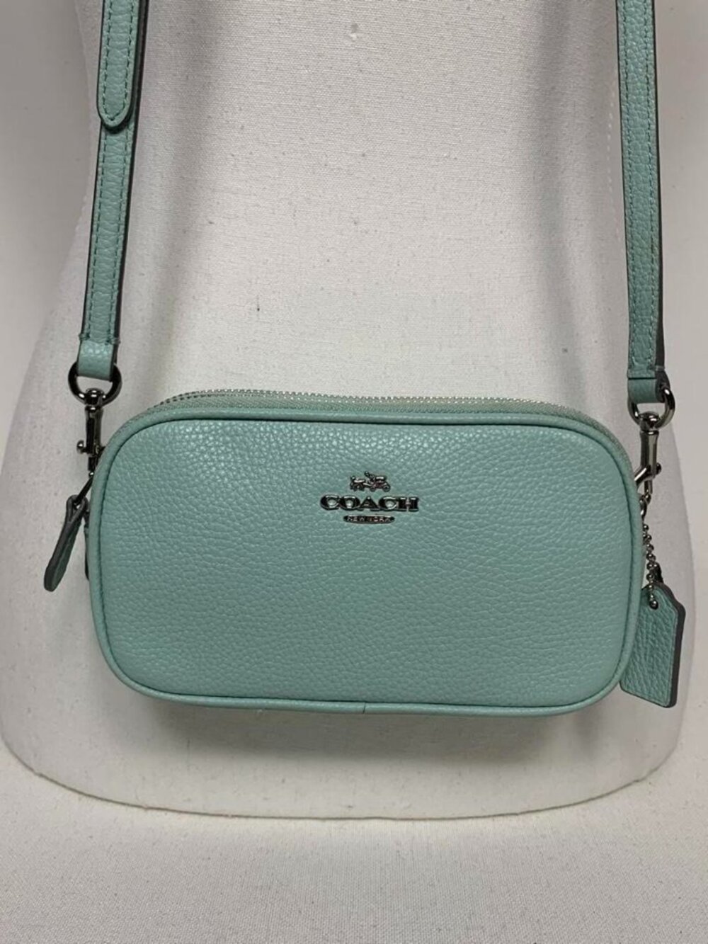 seafoam pebbled leather Coach double-zip